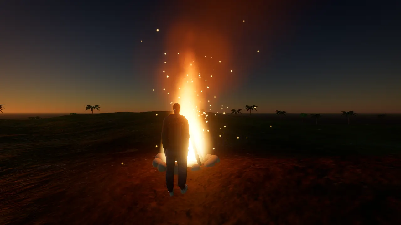A man stands at a bonfire on a hill at dusk, palm trees behind him