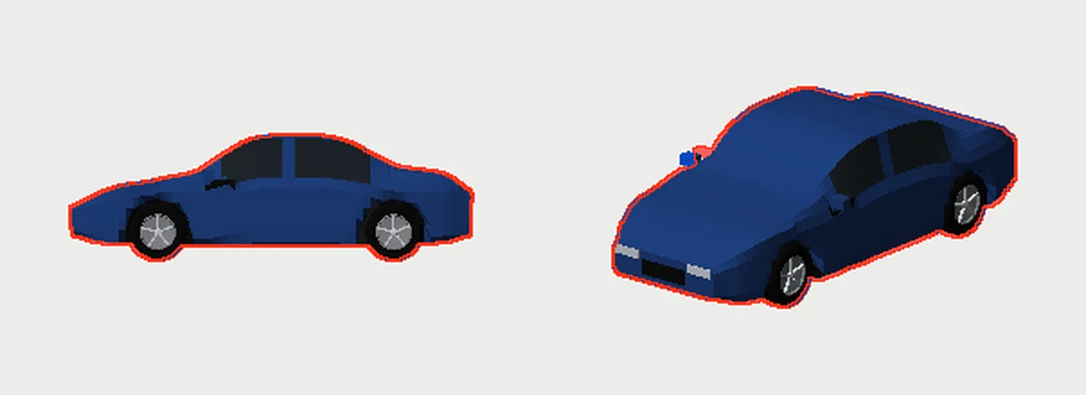 The built car with the reference outline in red, side and three-quarter views