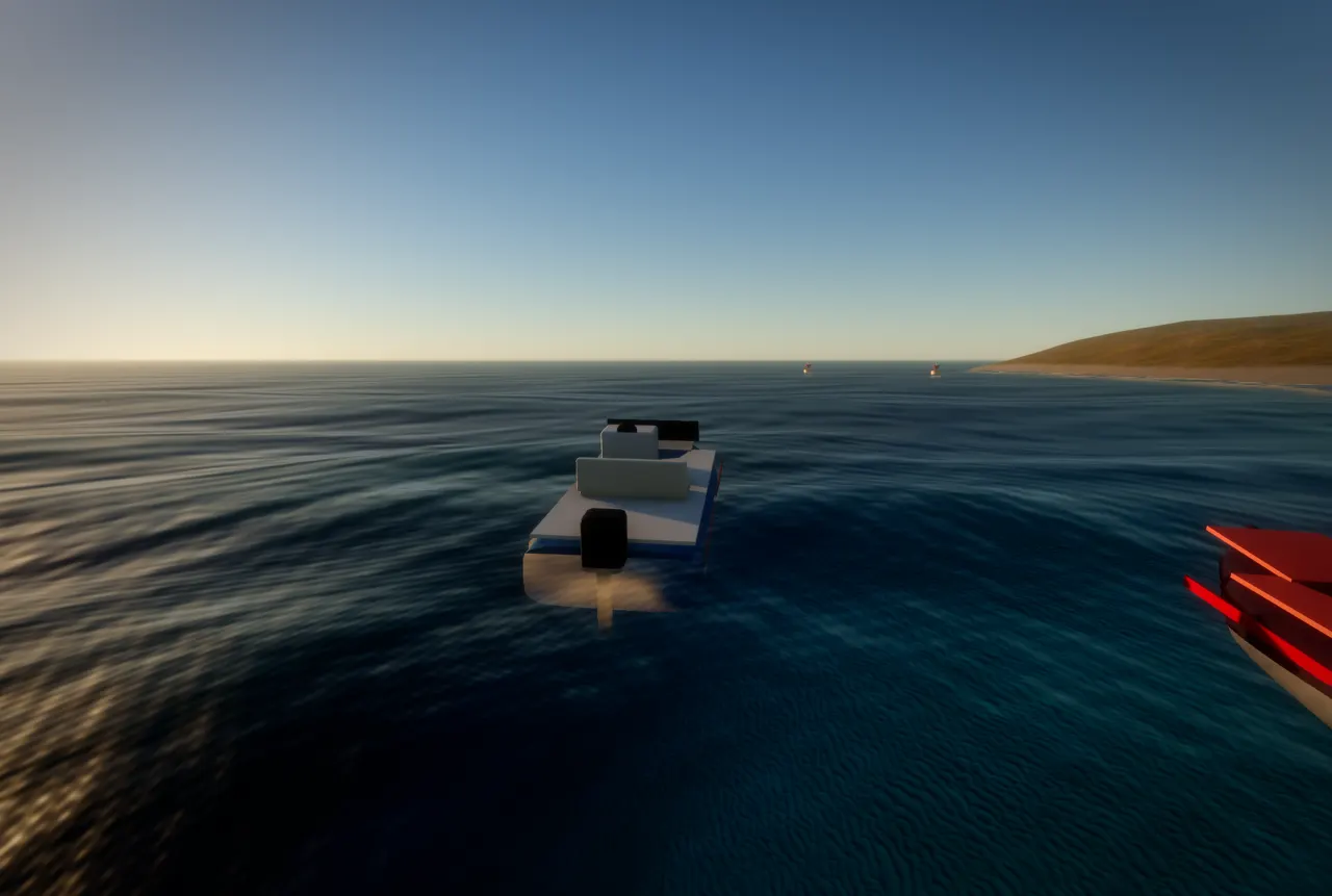 Speedboats racing over waves near an island